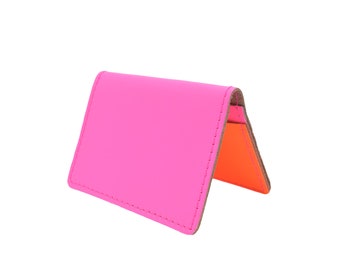 Fluorescent Pink Orange Leather Unisex Handmade London Oyster Travel Card Holder Wallet ID