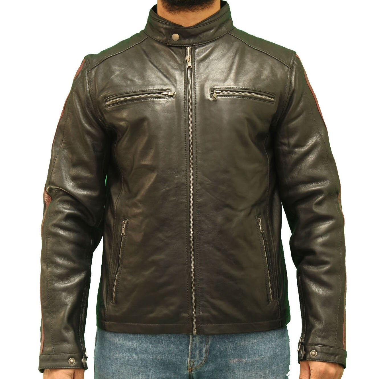 Image of Men's Leather Biker Jacket With A Racing Stripe Down Each Sleeve
