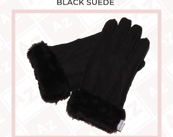 Mens Black Suede Merino Shearling Sheepskin Luxury Gloves
