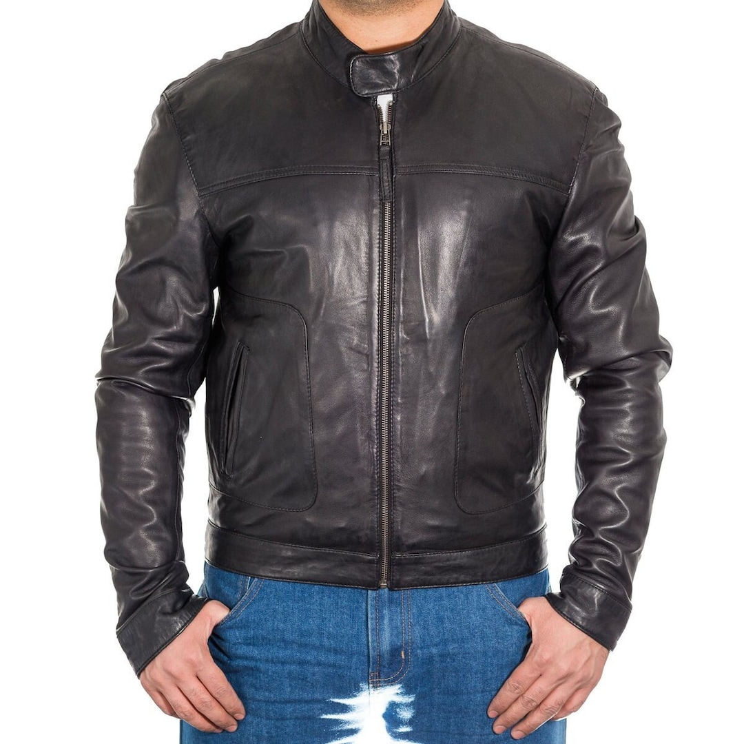 Mens Classic Stud Button Tab Collar Slim Fit Leather Jacket. Available ...