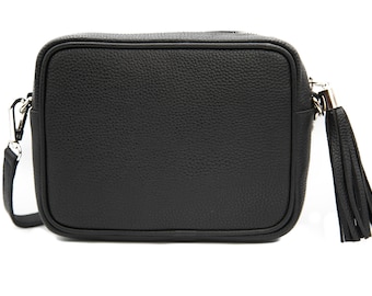 Italian Leather Crossbody Bag with Tassel - Compact Camera Bag