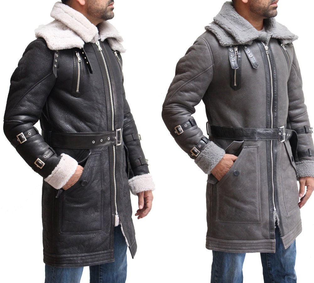 Image of Mens Luxurious Double Faced Sheepskin Trench/Long Coat With Belt & Removable Collar. Available in Black Grey