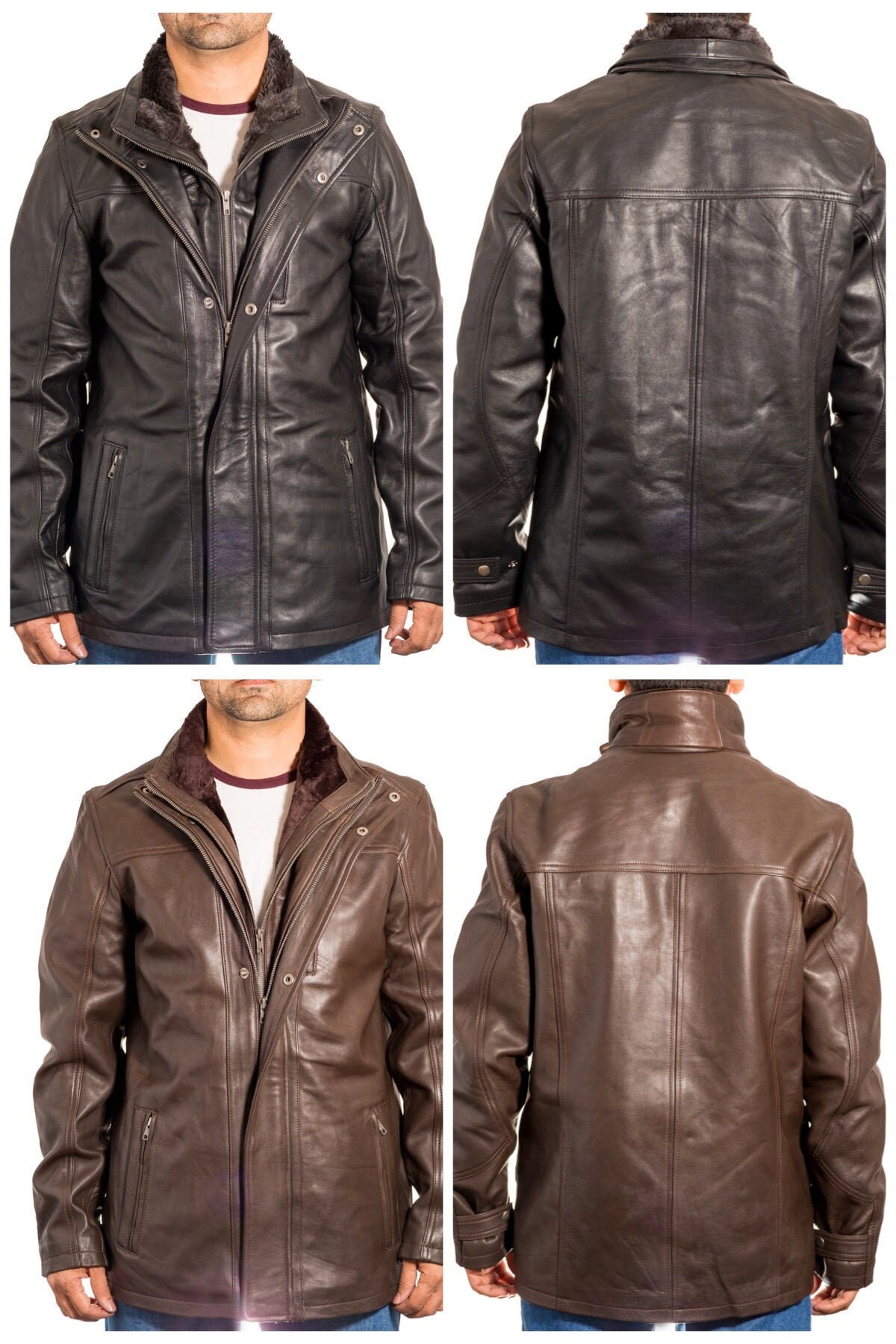 Image of Mens Leather Long Double Collar Smart Winter Coat With Removable Inner in Black & Brown