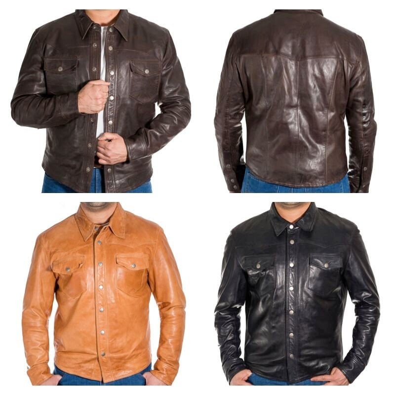 Image of Mens Leather Shirt Style Denim Trucker Jacket. Avaliable in Black, Brown & Tan