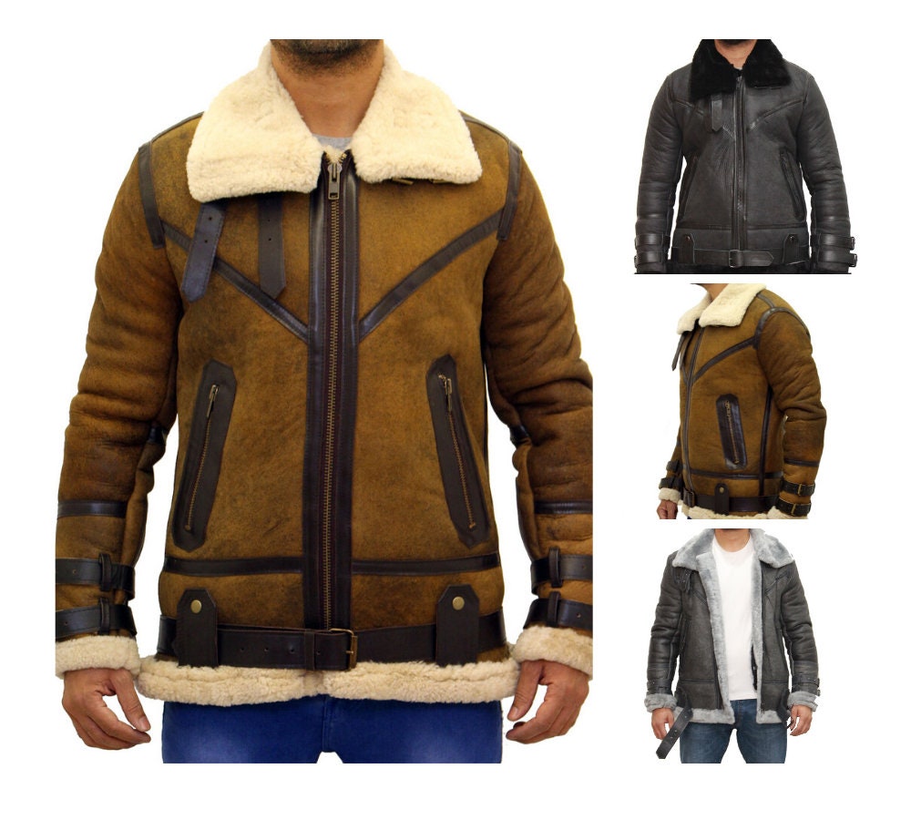 Image of Vintage Aviator Jacket Made Of Lambskin Sheepskin B3 For Men Black Gray Colours