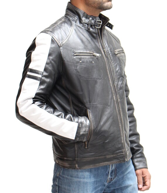 Mens black sales distressed leather jacket