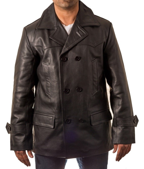 mens black leather peacoat