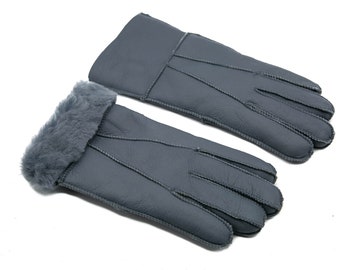 Mens Blue Leather Merino Shearling Sheepskin Luxury Gloves