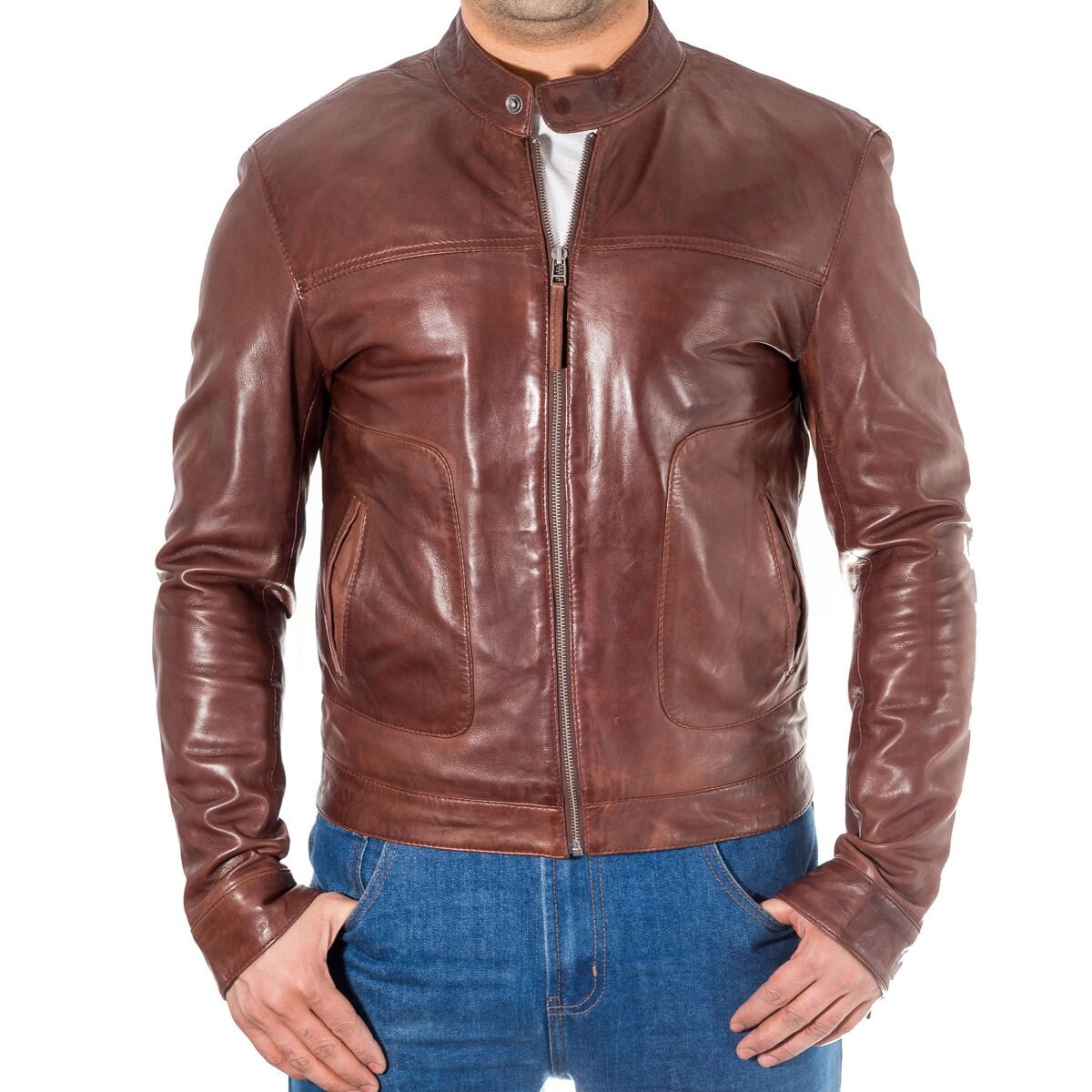 Mens Classic Stud Button Tab Collar Slim Fit Leather Jacket. Available ...