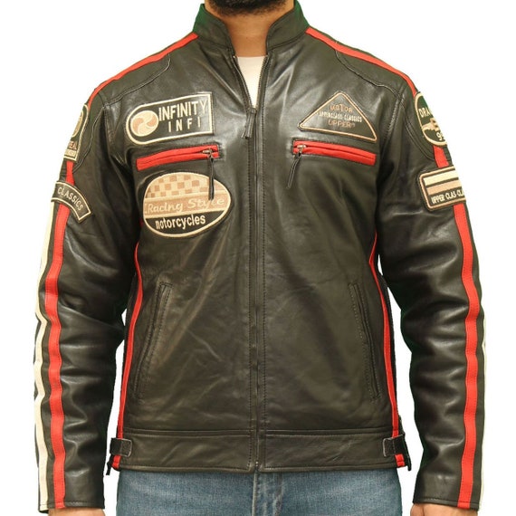 Mens Racing Biker Jacket With Badges And Stripes In Distressed - Distressed Leather Motorcycle Jacket Mens Mens Racing Biker Jacket With Badges And Stripes In Distressed - Distressed Leather Motorcycle Jacket Mens