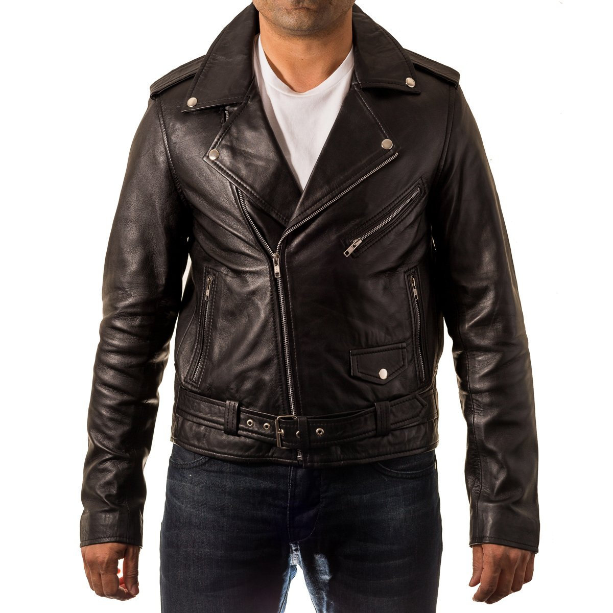 Mens Classic Brando Biker Style Real Leather Fitted Jacket With Waist ...