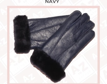 Mens Navy Leather Merino Shearling Sheepskin Luxury Gloves