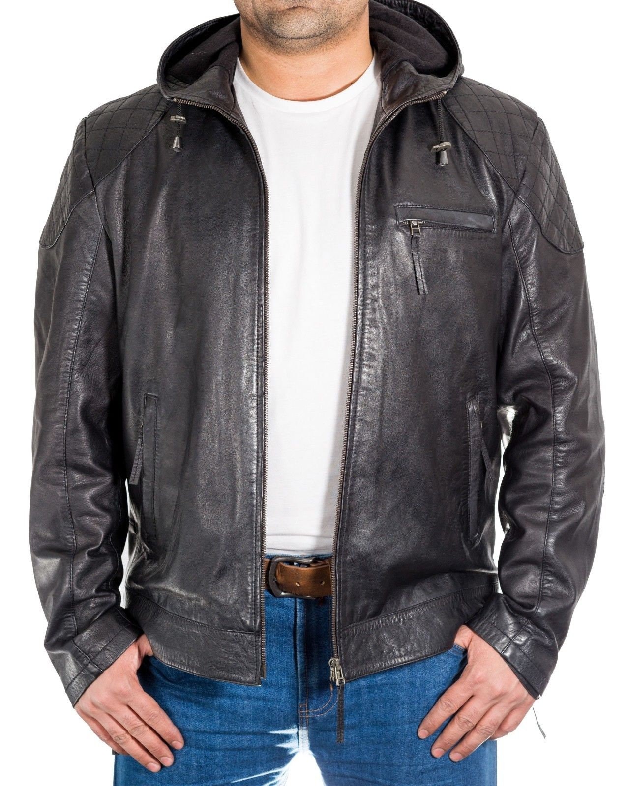 Mens Urban Streetwear Hooded Black Leather Jacket With - Etsy UK