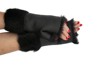 Ladies Black Leather Luxury Toscana Winter Fingerless Mittens - One Size