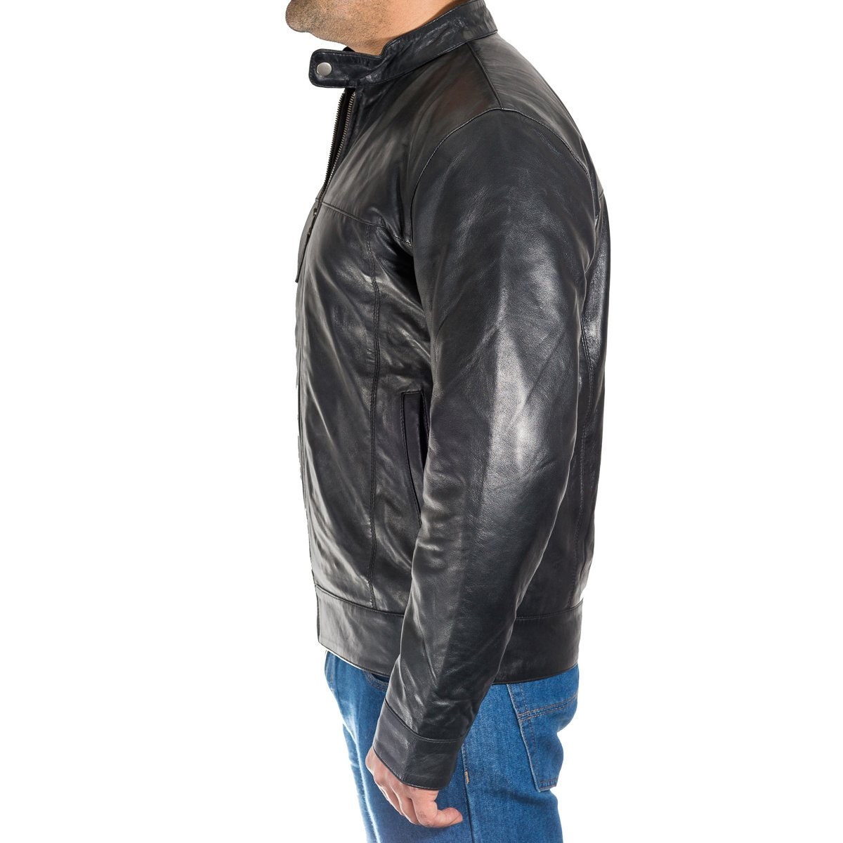 Stand-Collar Faux Leather Fitted Jacket