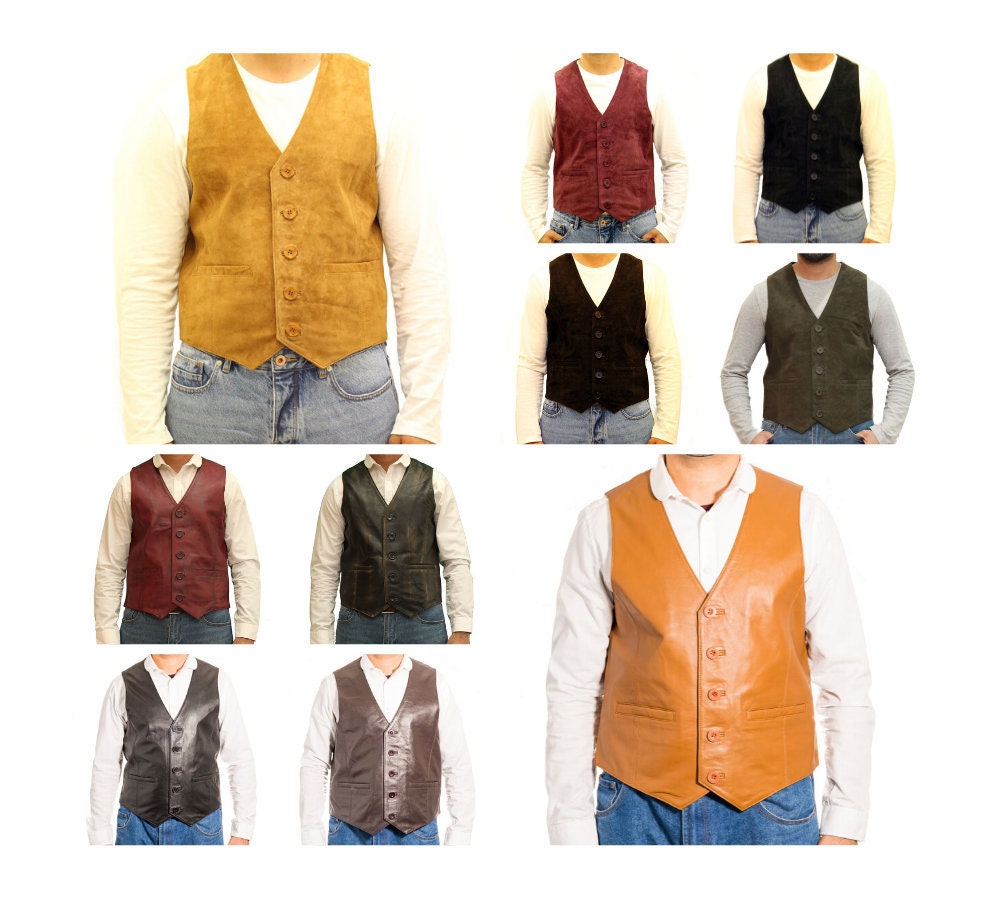 Image of A Traditional Classic Smart Five Button Leather Waistcoat. Available in Black, Rub Off, Tan, Brown & Burgundy