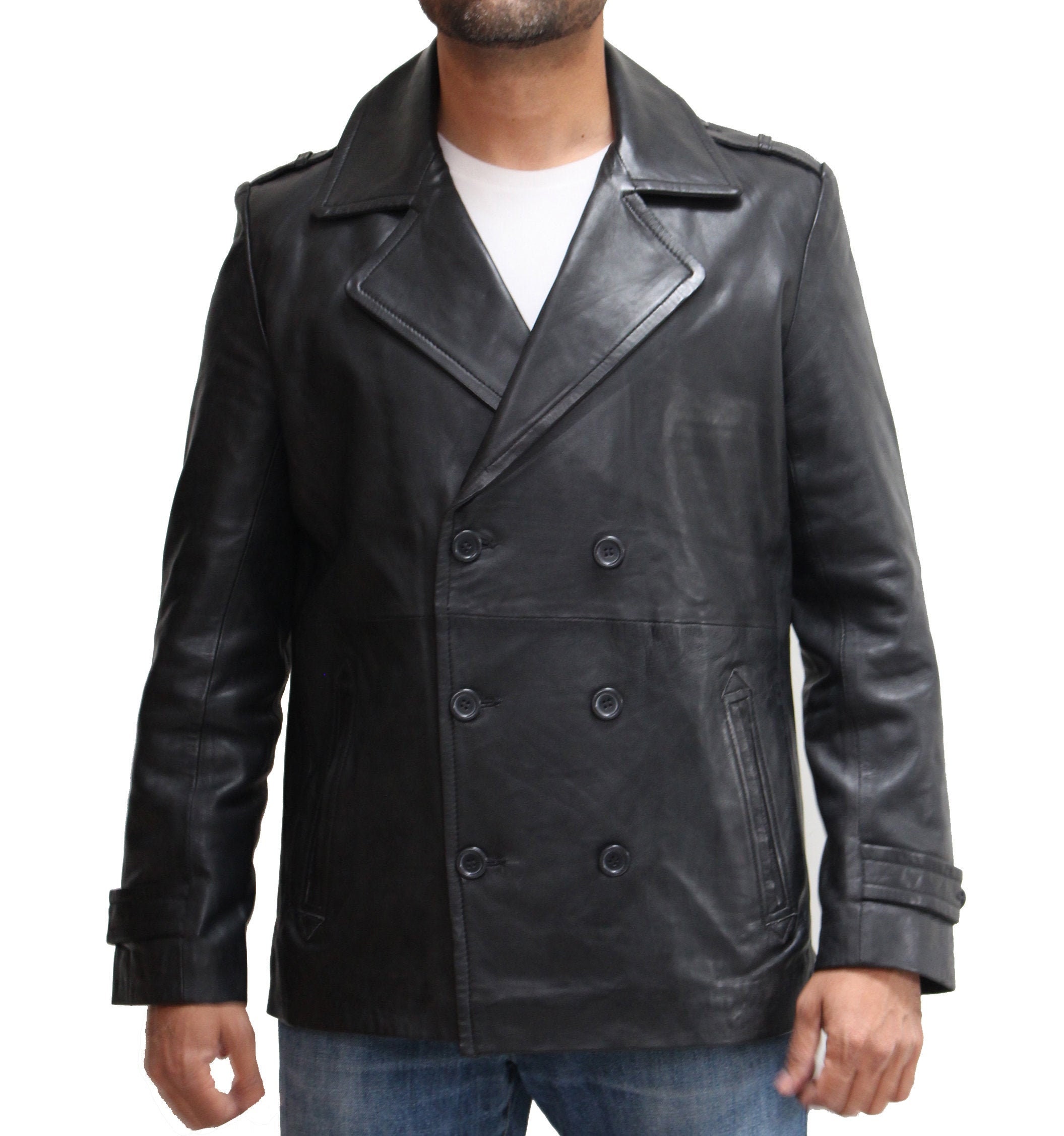 Mens Real Leather Double Breasted Smart Peacoat. Available in