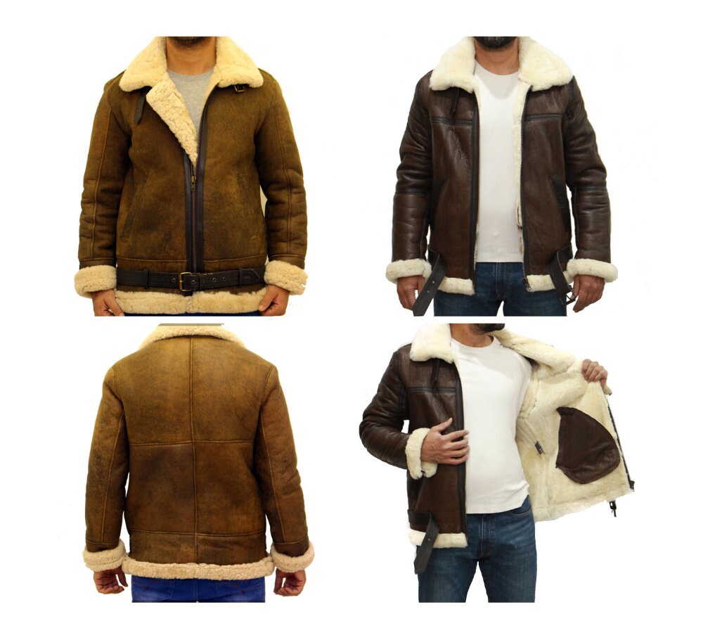 Image of Mens Vintage B3 Shearling Sheepskin Flying Jacket With Waist Belt. Available in Brown Cream & Dark