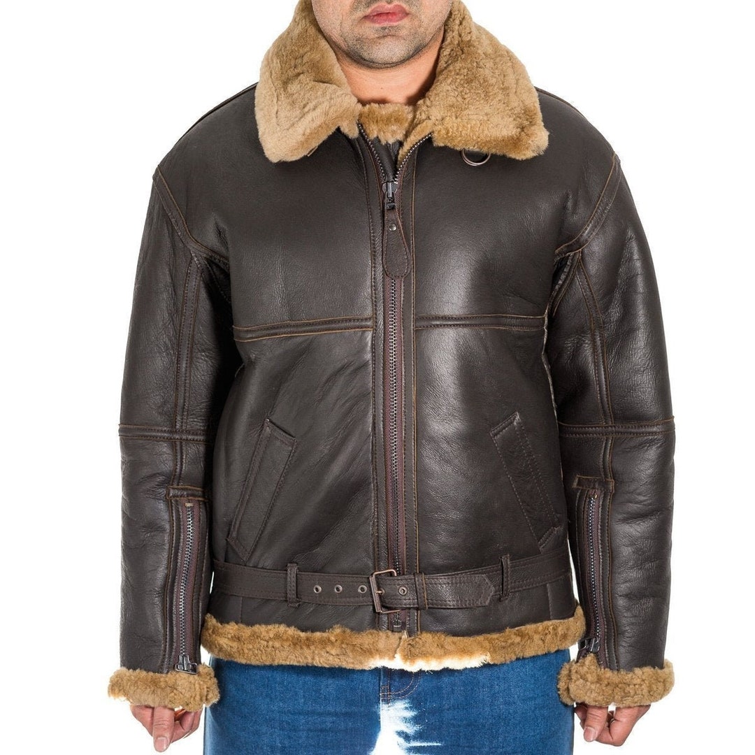 Mens Dark Brown Aviator B3 Shearling Sheepskin WW2 RAF Flying Jacket ...