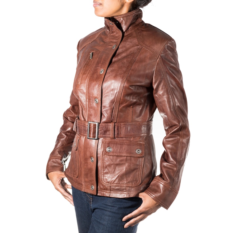 Ladies Dark Brown Real Leather Smart Quilted Belted Military Retro Jacket/Coat 