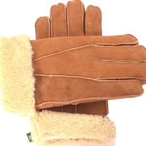 Mens Tan and Cream  Suede Merino Shearling Sheepskin Luxury Gloves
