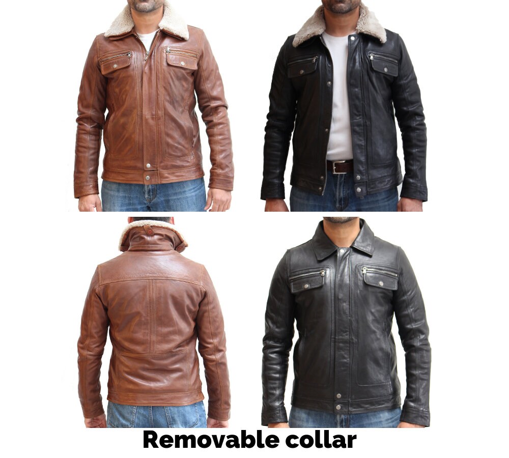 Image of Mens Bomber Leather Jacket With Removable Sheepskin Collar. Available in Black & Tan