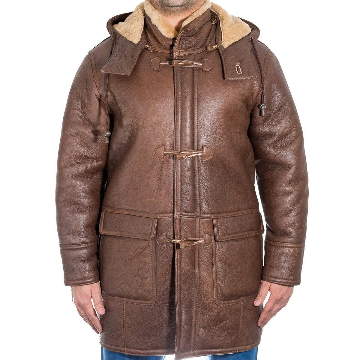 Image of Mens Shearling Sheepskin Duffle Coat With Detachable Hood