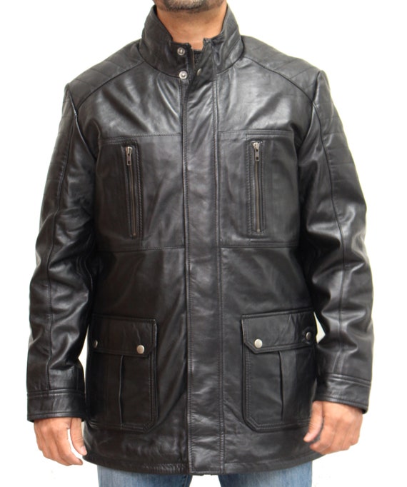 Mens Safari Blazer Black Leather Jacket Classic 70's Retro Hunters Reefer Coat 