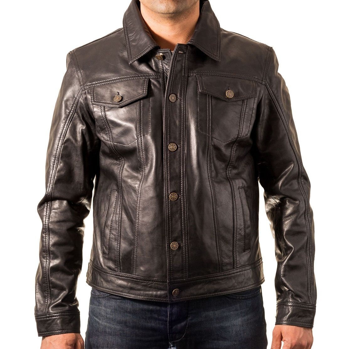 Men's Western Trucker Leather Jacket – Distressed Brown Denim-Style Cowboy Jacket