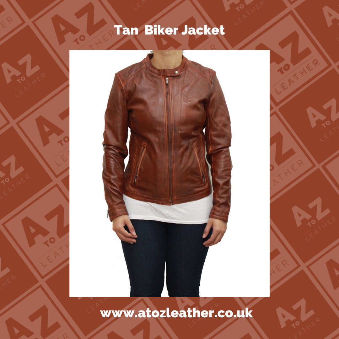 Womens Tan Biker Jacket With Adjustable Waist Zipper Etsy UK