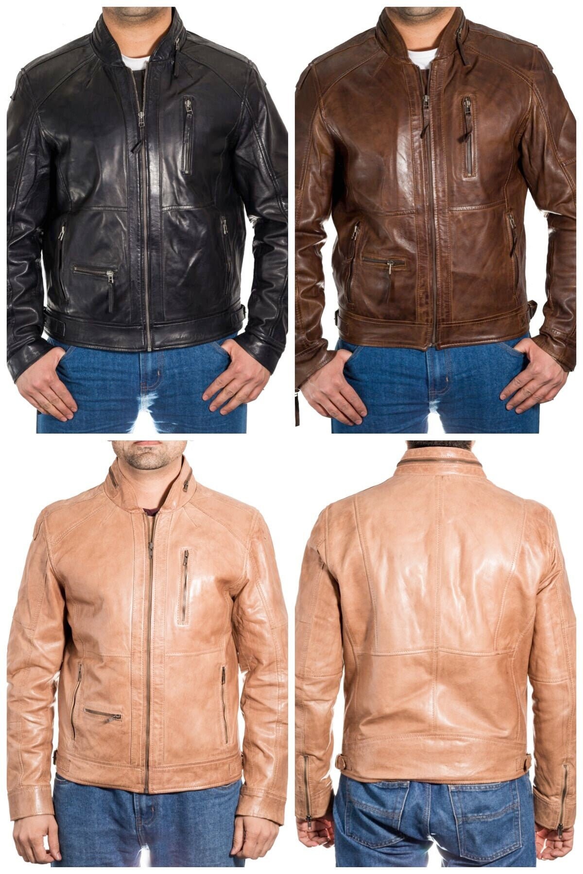 Image of Mens Biker Jacket With A Unique Style Zip Collar. Available in Black, Dark Brown & Tan