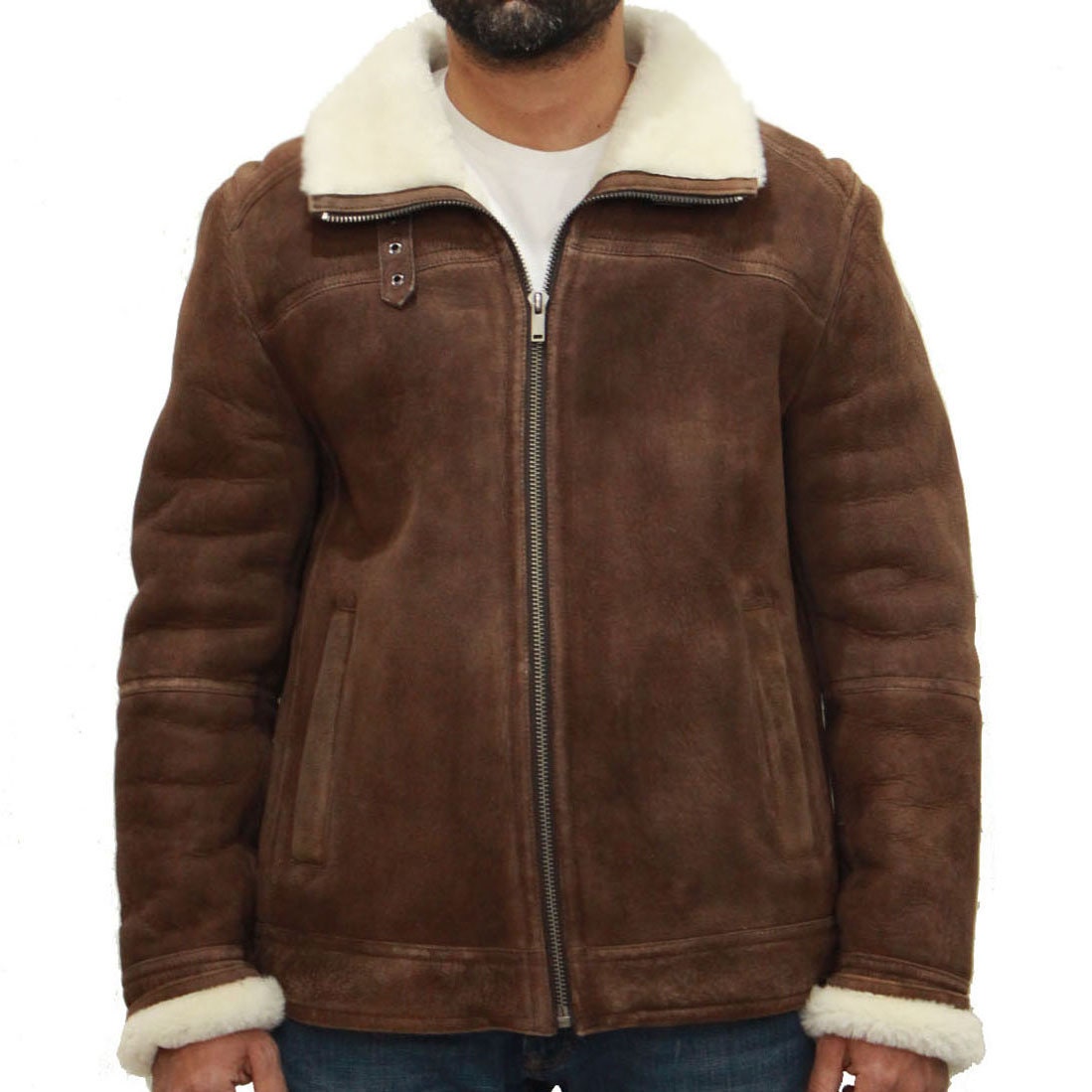 Image of Mens Brown With Cream Vintage Style Sheepskin Flying Bomber Jacket