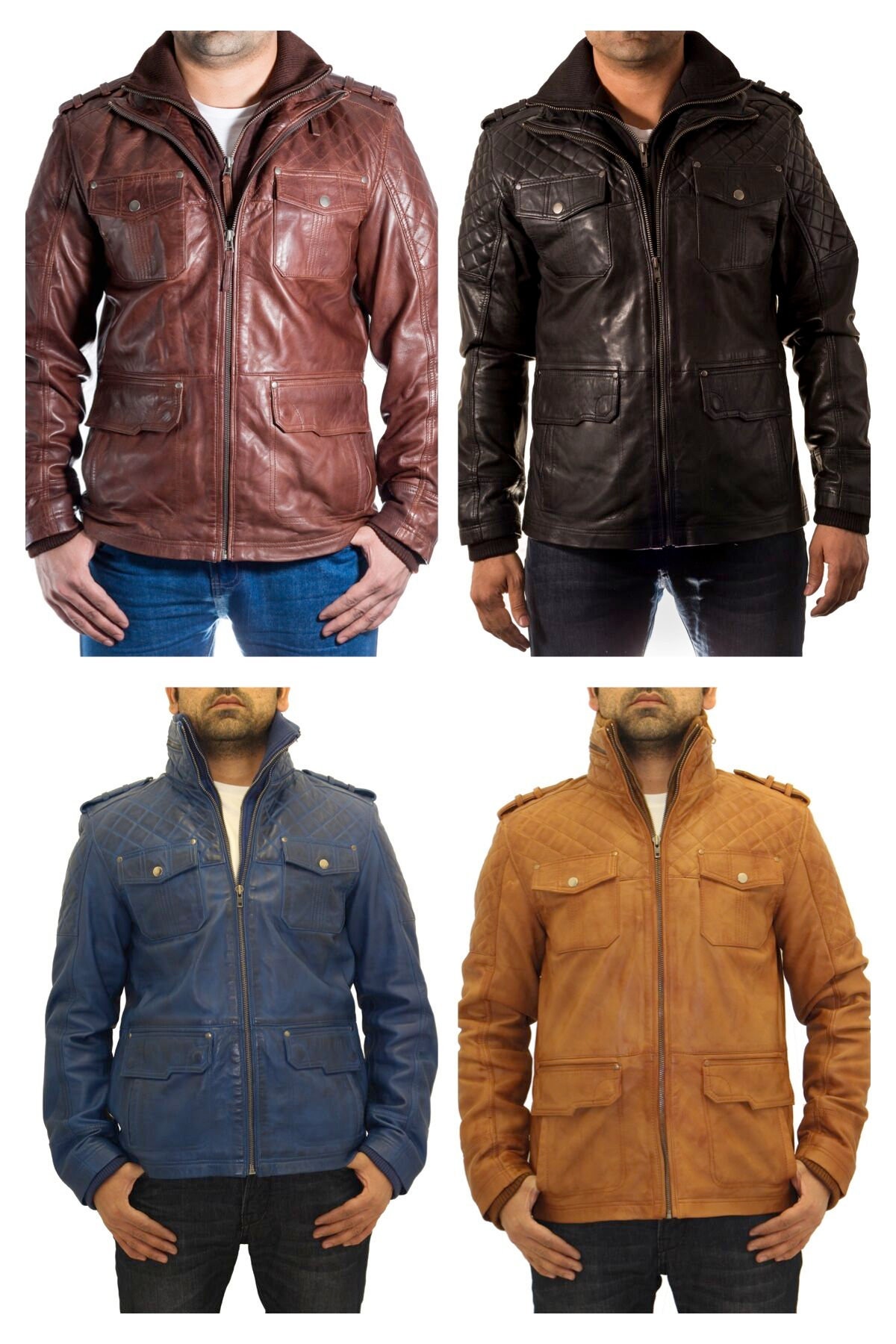 Image of Mens Real Leather Quilted Hunter Safari Fitted Coat. Available in Black, Blue, Brown & Tan