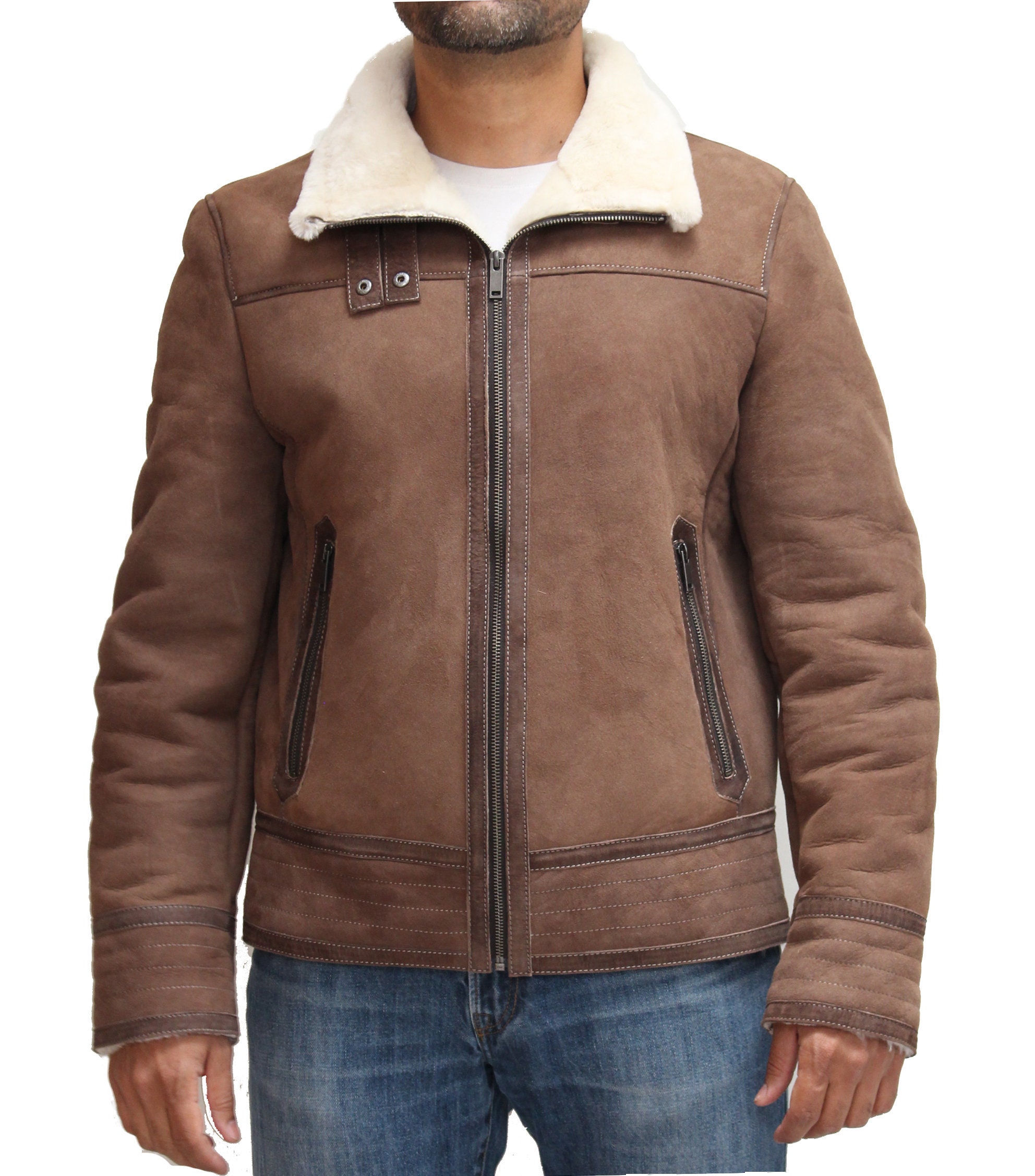 Image of Mens Real Leather Brown/Taupe With Cream Double Faced Sheepskin Straight Zip Pilot Style Jacket