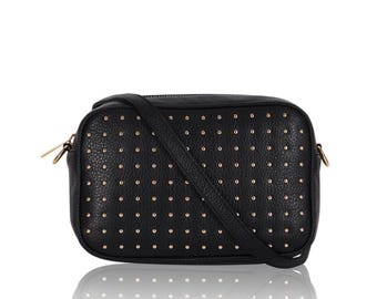 Womens real soft leather compact cross body studded camera box bag