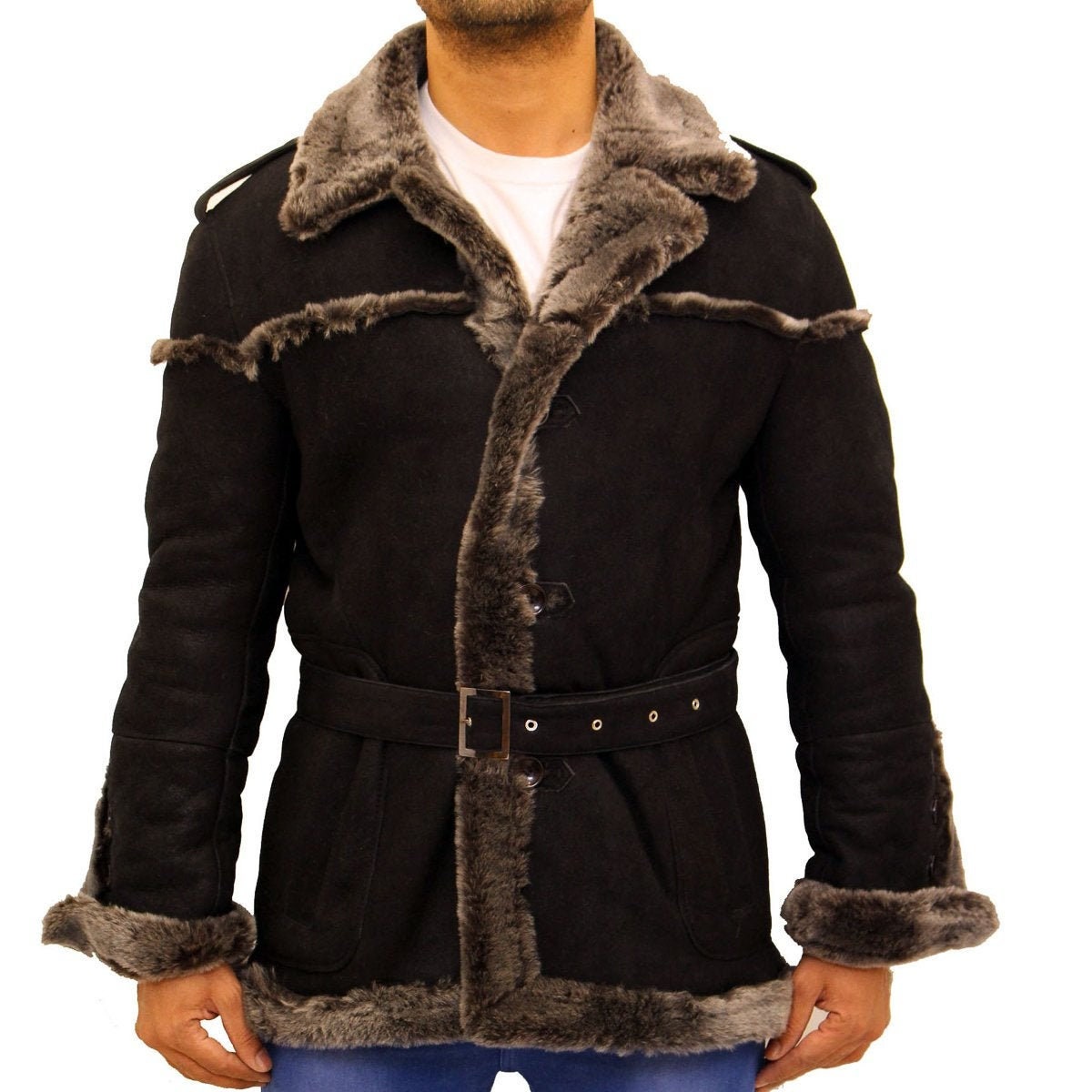 Image of Mens Black With Grey Merino Sheepskin Belted Winter Coat