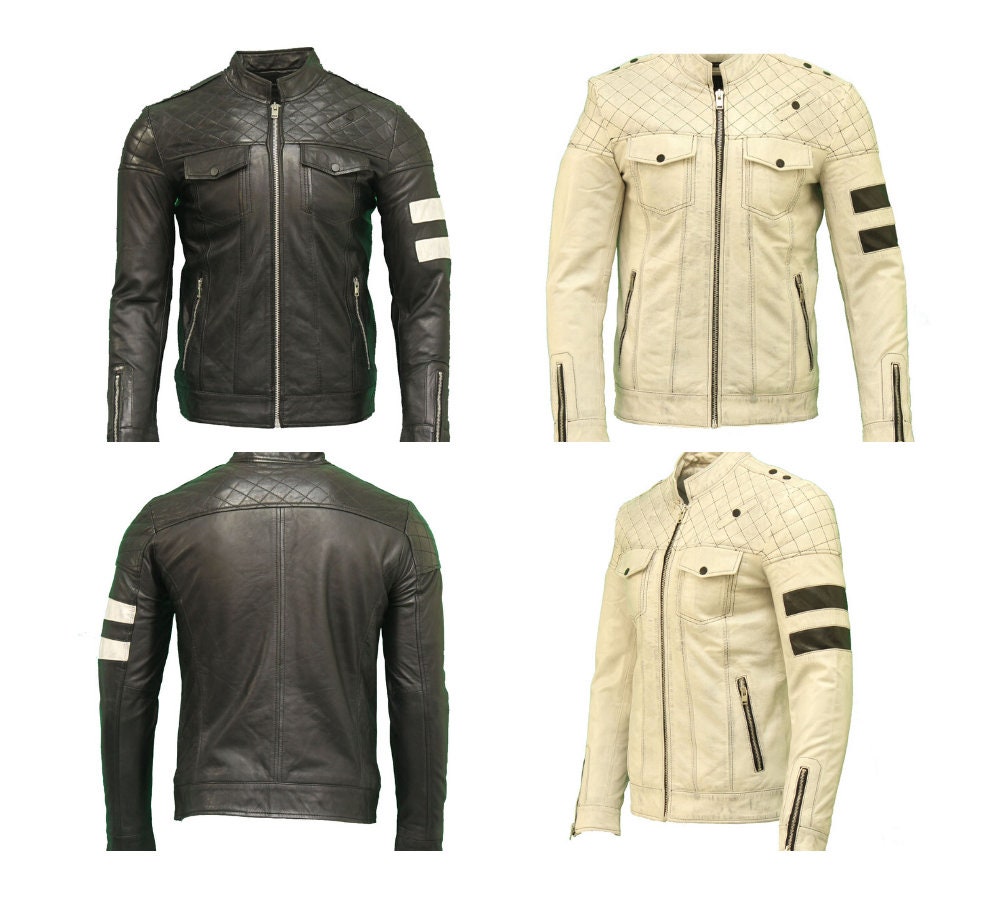 Image of Men's Quilted Short Biker Jacket With Two Accent Stripes On Sleeve. Available in Black & White