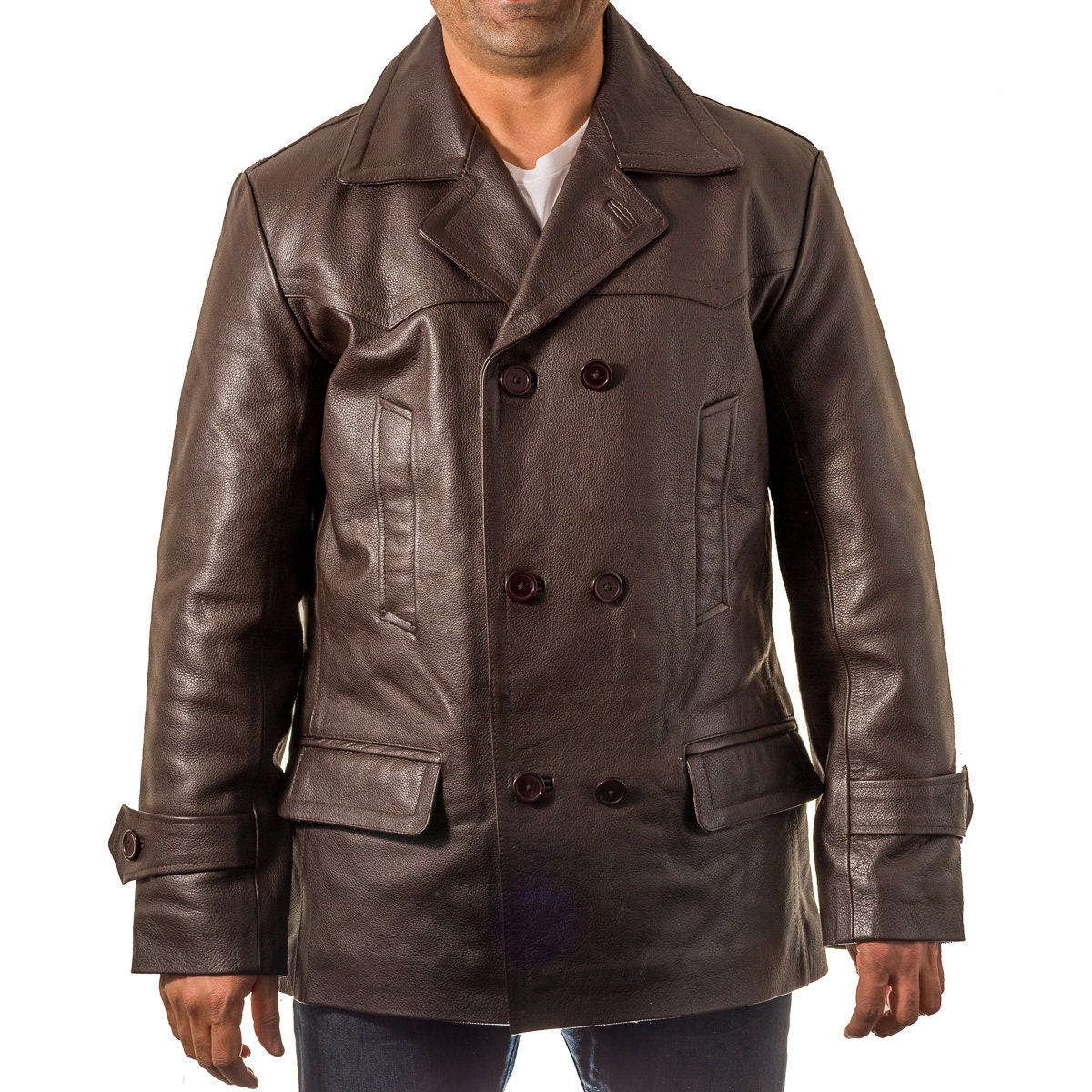Mens Dr Who Brown Military Double Breast U-boat Cowhide Leather German ...