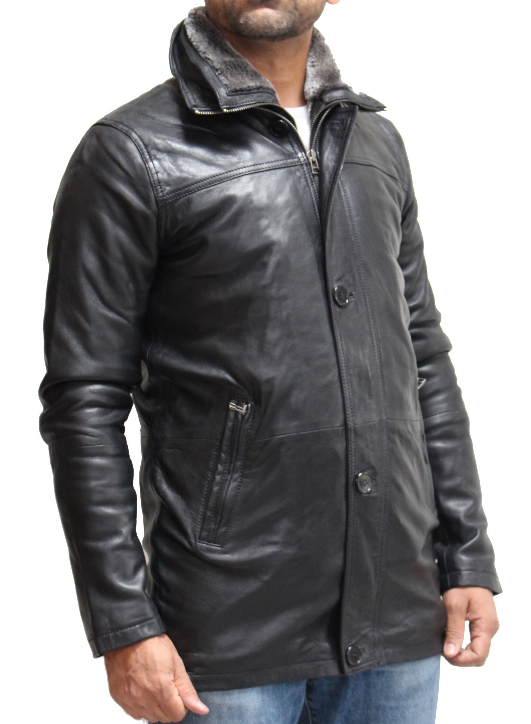 Image of Mens Real Leather Coat With Removable Faux Sheepskin Collar & Inner Jacket