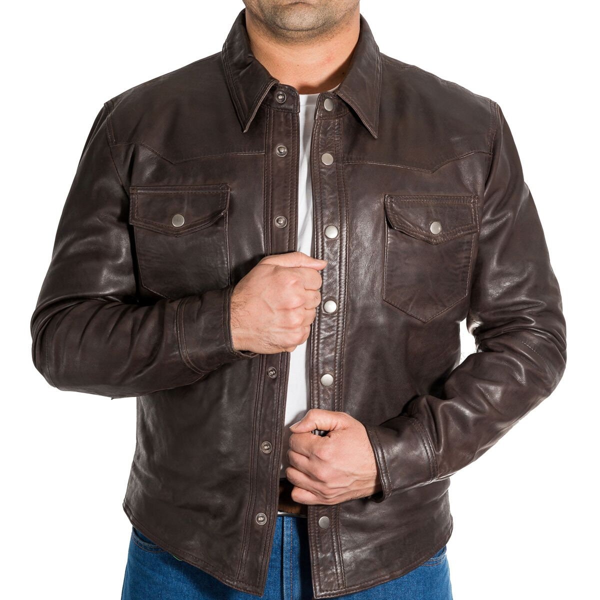 Mens Leather Shirt Style Denim Trucker Jacket. Avaliable in - Etsy UK