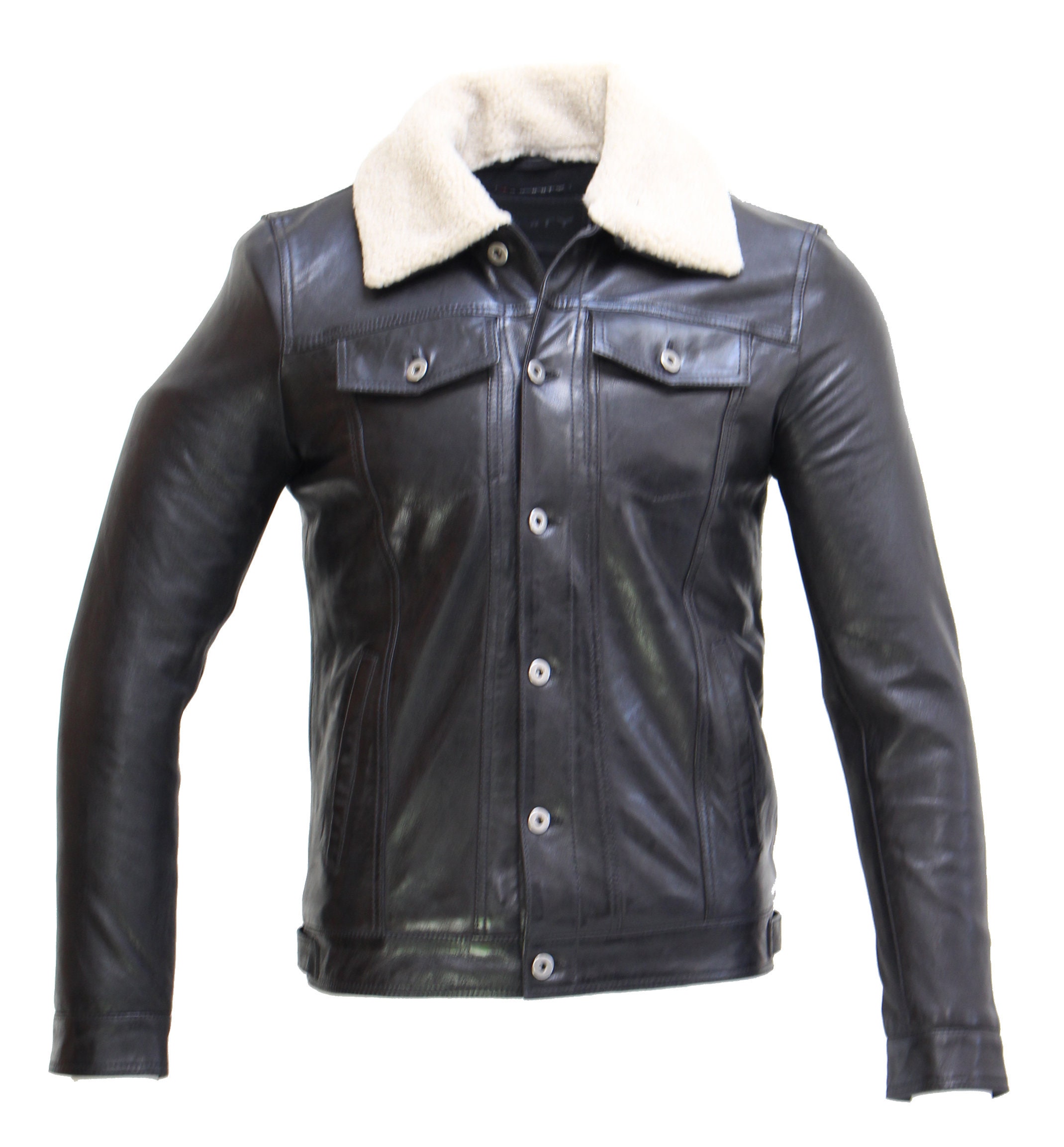 Mens Sheepskin Collar Denim Style Western Trucker Leather Jacket ...
