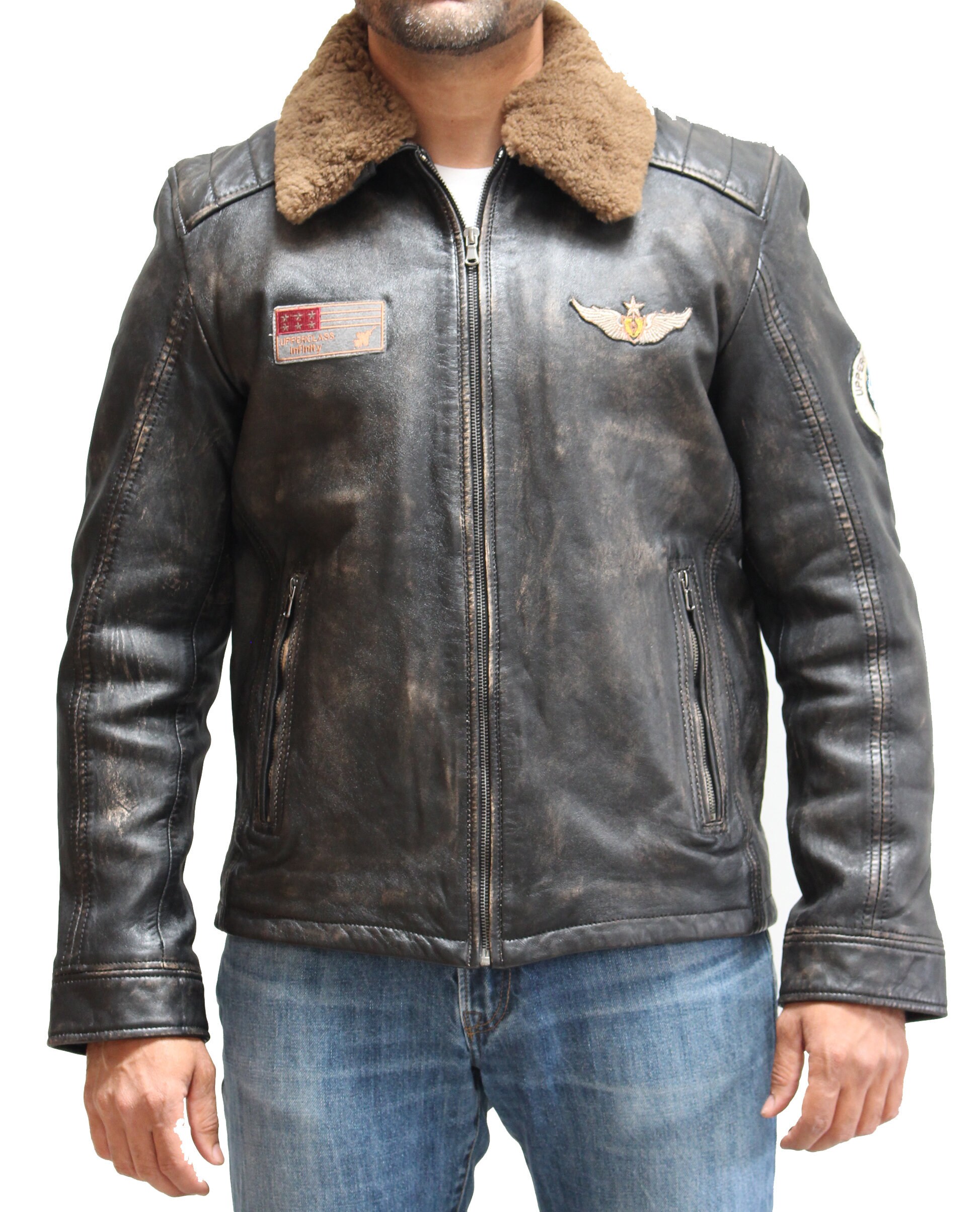 Image of Mens Vintage Black Distressed Leather Badges Bomber Jacket With Removable Sheepskin Ginger Collar