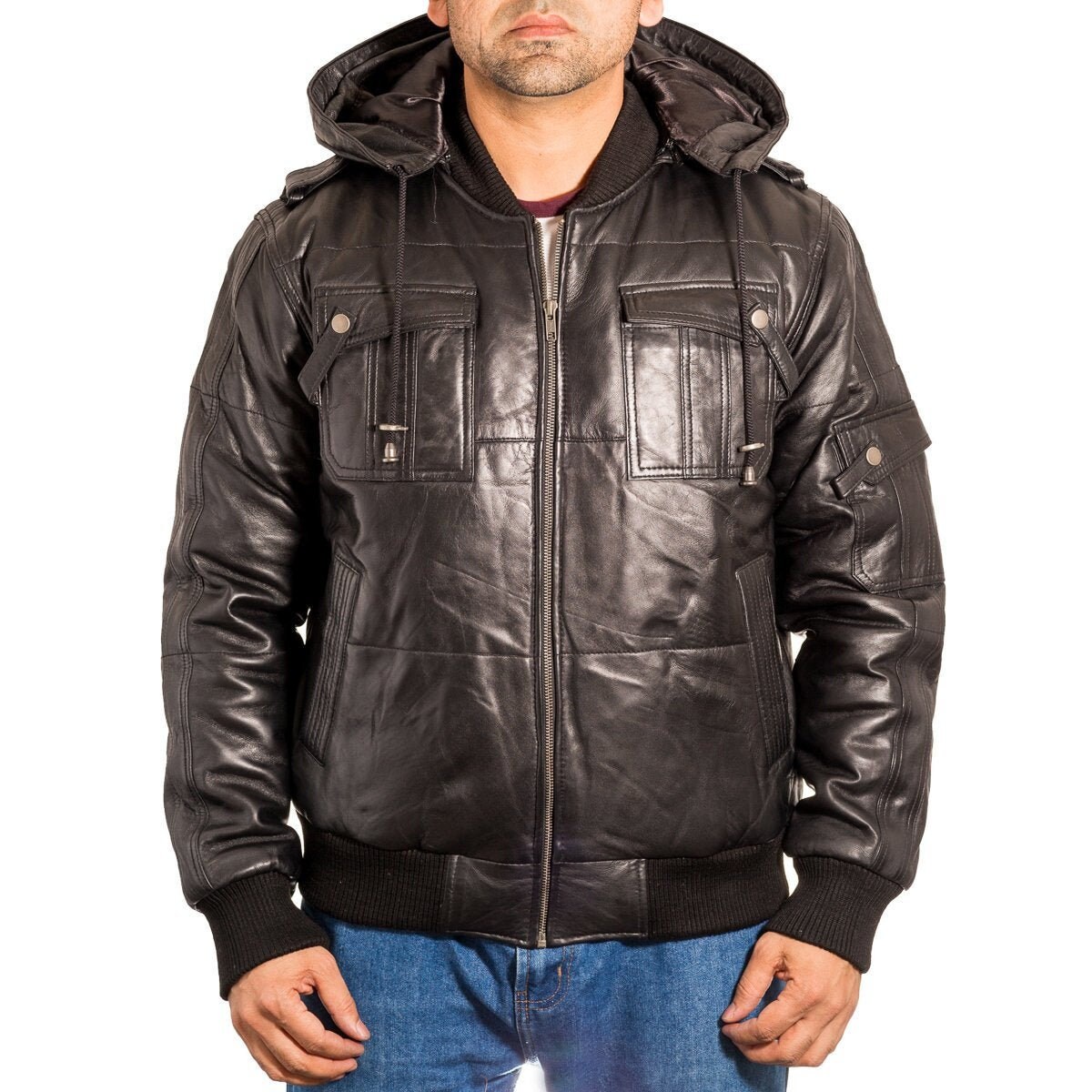Image of Mens Hooded Leather Winter Quilted Bomber Jacket