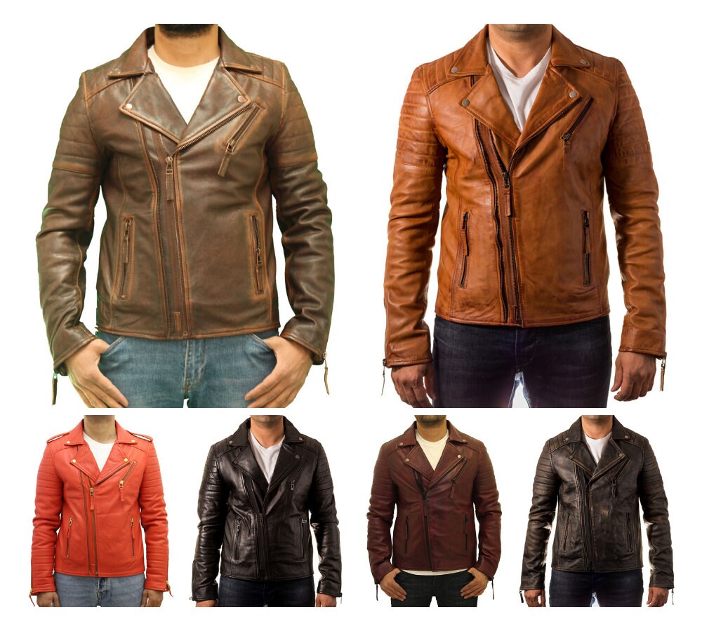 Image of Mens Brando Double Zipper Leather Quilted Biker Jacket Available in Distressed Finishing & Natural
