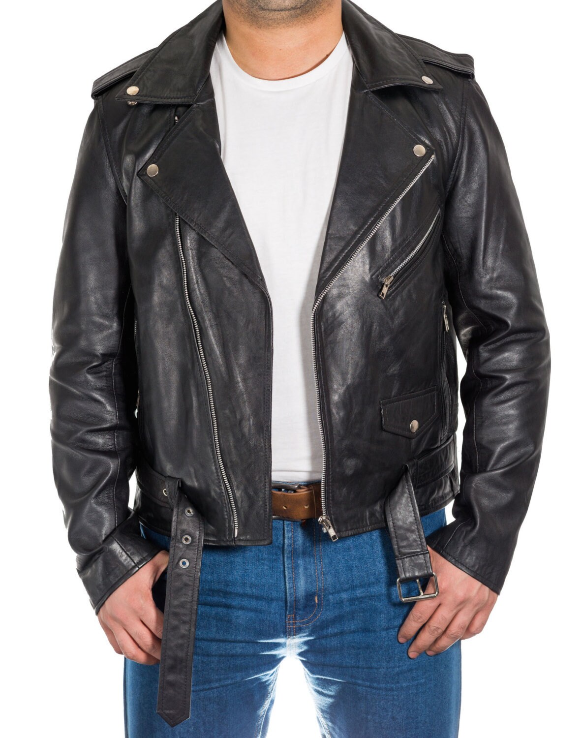 Image of Mens Real Leather Motorbike Fitted Black Brando Long Sleeved Jacket