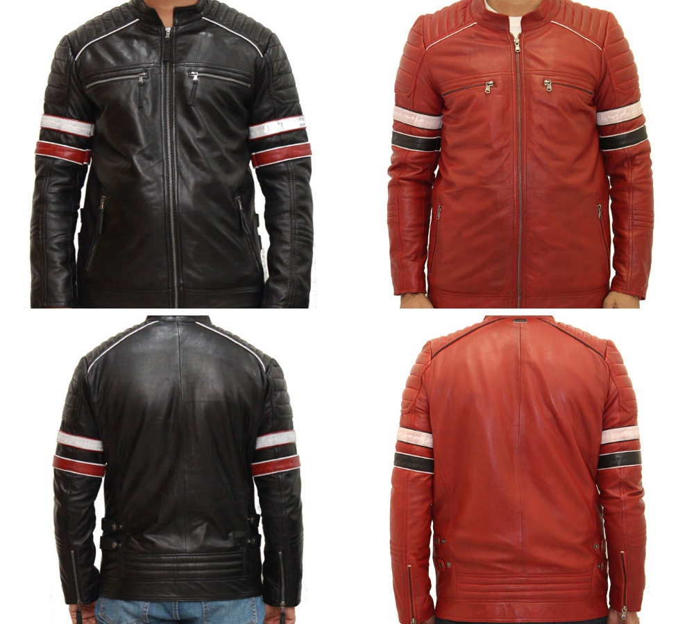 Image of Men's Quilted Leather Racing Biker Jacket With Stripe Sleeves. Available in Black & Red