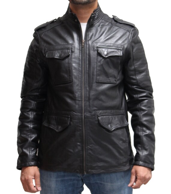 Mens Black Real Leather Safari Style Multi Pocket Coat