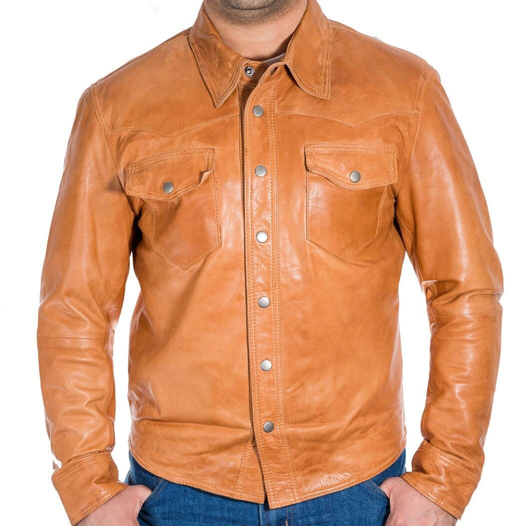 Mens Vintage Biker/bomber Style Leather Jacket With Shirt Collar ...