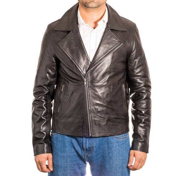 Mens Brando Minimalist Biker Jacket With Cross Zip Fastening Image 0