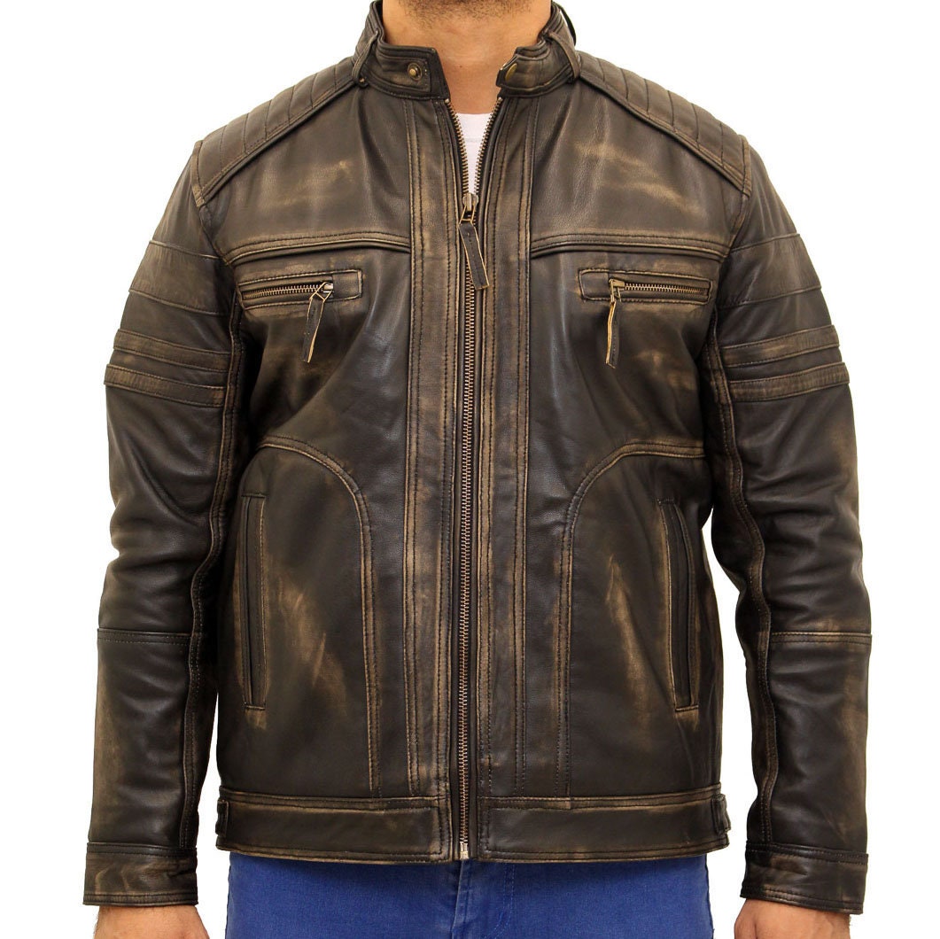 Image of Mens Black Rub-Off Vintage Leather Quilted Smart Fitted Retro Zipped Racing Biker Jacket